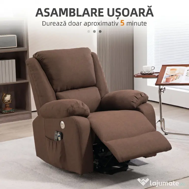 HOMCOM Scaun Electric Rabatabil cu 8 Puncte de Masaj și Suport pentru Picioare, Fotoliu Modern din Țesătură, 87x92x105 cm, Cafea | Aosom Romania