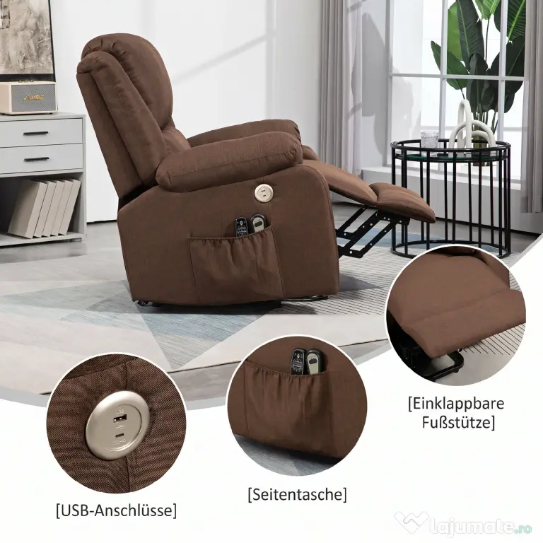 HOMCOM Scaun Electric Rabatabil cu 8 Puncte de Masaj și Suport pentru Picioare, Fotoliu Modern din Țesătură, 87x92x105 cm, Cafea | Aosom Romania