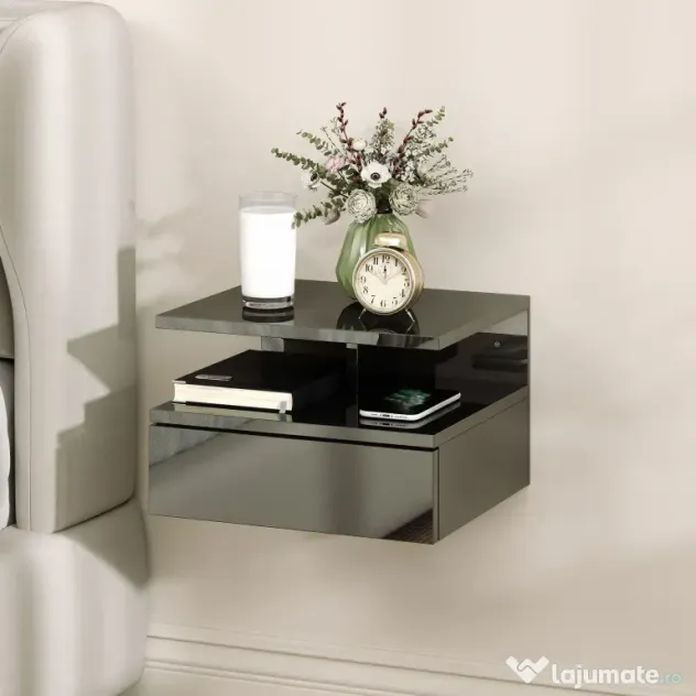 HOMCOM Set de 2 Noptiere Moderne Suspendate pentru Dormitor cu Sertar și Raft, 35x32x22,5 cm, Negru Lucios | Aosom Romania