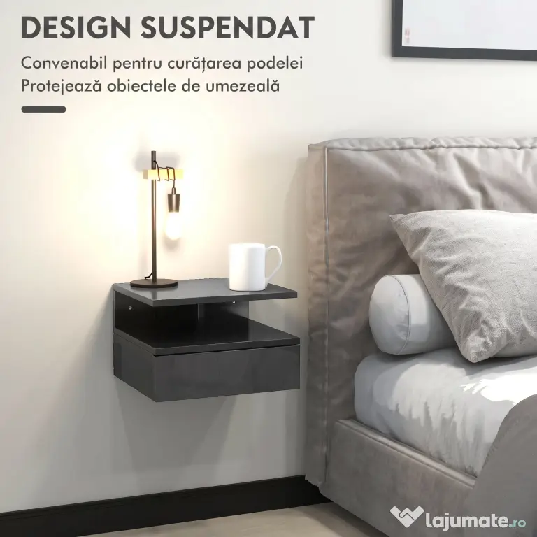HOMCOM Set de 2 Noptiere Moderne Suspendate pentru Dormitor cu Sertar și Raft, 35x32x22,5 cm, Negru Lucios | Aosom Romania