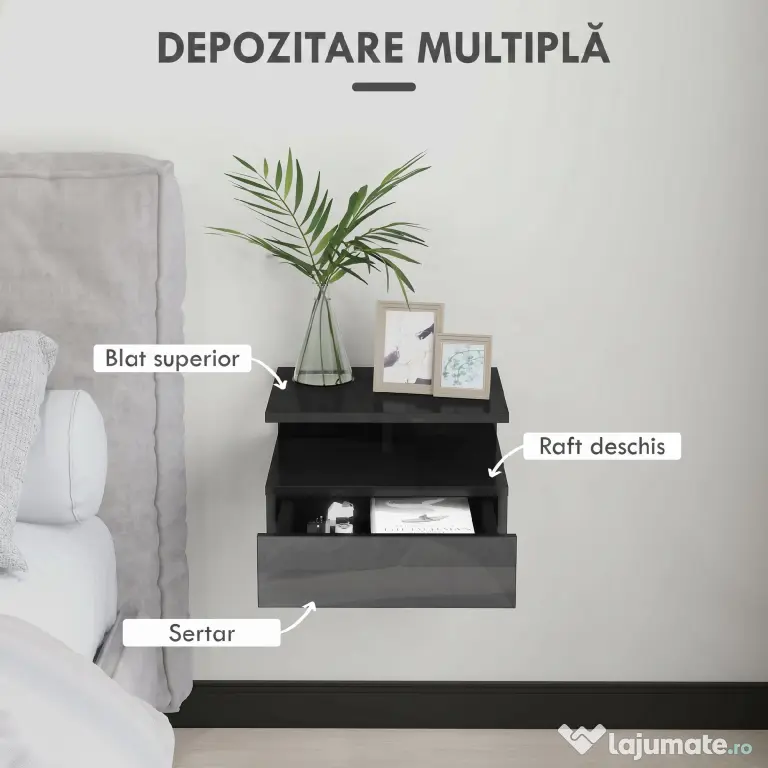HOMCOM Set de 2 Noptiere Moderne Suspendate pentru Dormitor cu Sertar și Raft, 35x32x22,5 cm, Negru Lucios | Aosom Romania