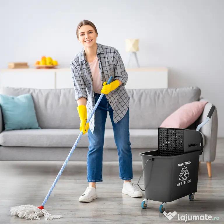 HOMCOM Carucior pentru Curățenie din Plastic PP de 20L cu Găleată și Storcător, 60x27x70.5 cm, Negru