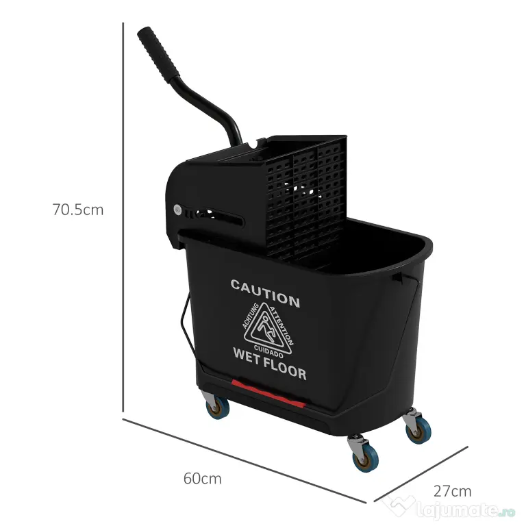 HOMCOM Carucior pentru Curățenie din Plastic PP de 20L cu Găleată și Storcător, 60x27x70.5 cm, Negru