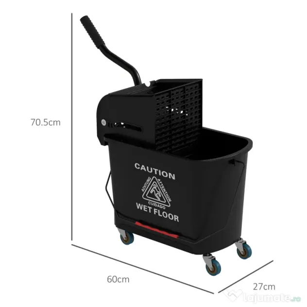 HOMCOM Carucior pentru Curățenie din Plastic PP de 20L cu Găleată și Storcător, 60x27x70.5 cm, Negru