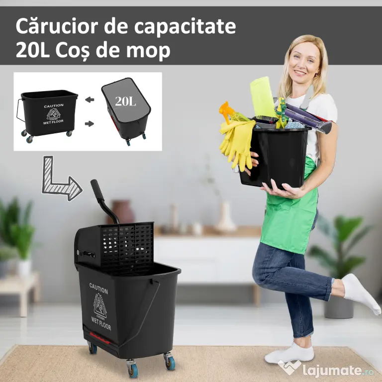 HOMCOM Carucior pentru Curățenie din Plastic PP de 20L cu Găleată și Storcător, 60x27x70.5 cm, Negru