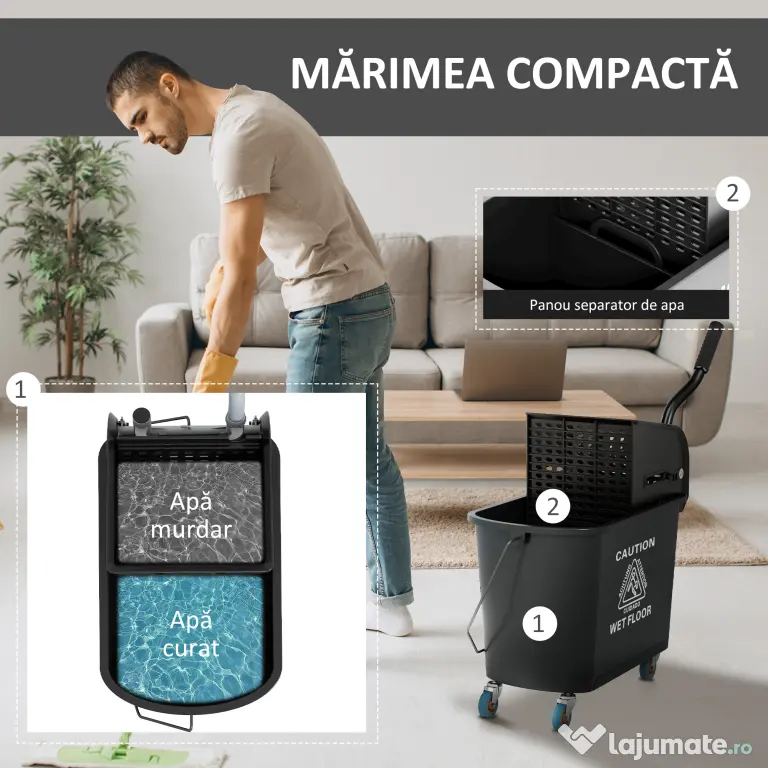 HOMCOM Carucior pentru Curățenie din Plastic PP de 20L cu Găleată și Storcător, 60x27x70.5 cm, Negru