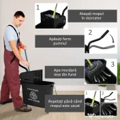 HOMCOM Carucior pentru Curățenie din Plastic PP de 20L cu Găleată și Storcător, 60x27x70.5 cm, Negru 