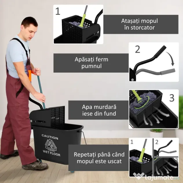 HOMCOM Carucior pentru Curățenie din Plastic PP de 20L cu Găleată și Storcător, 60x27x70.5 cm, Negru