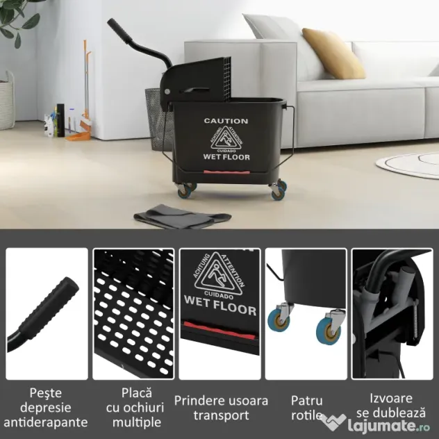 HOMCOM Carucior pentru Curățenie din Plastic PP de 20L cu Găleată și Storcător, 60x27x70.5 cm, Negru