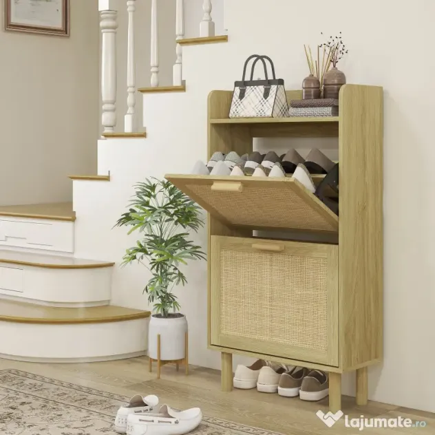 HOMCOM Dulap pentru Pantofi Slim pentru Hol, cu 2 Sertare Rabatabile, Rafturi Reglabile și Blat Superior, Stejar | Aosom Romania