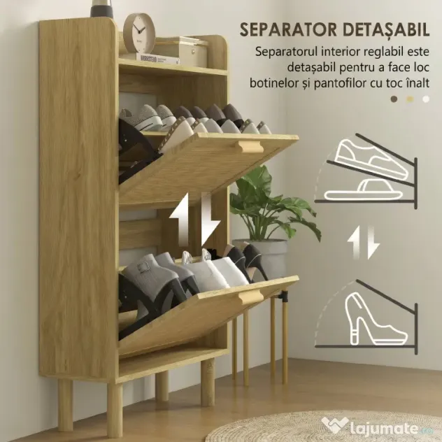 HOMCOM Dulap pentru Pantofi Slim pentru Hol, cu 2 Sertare Rabatabile, Rafturi Reglabile și Blat Superior, Stejar | Aosom Romania