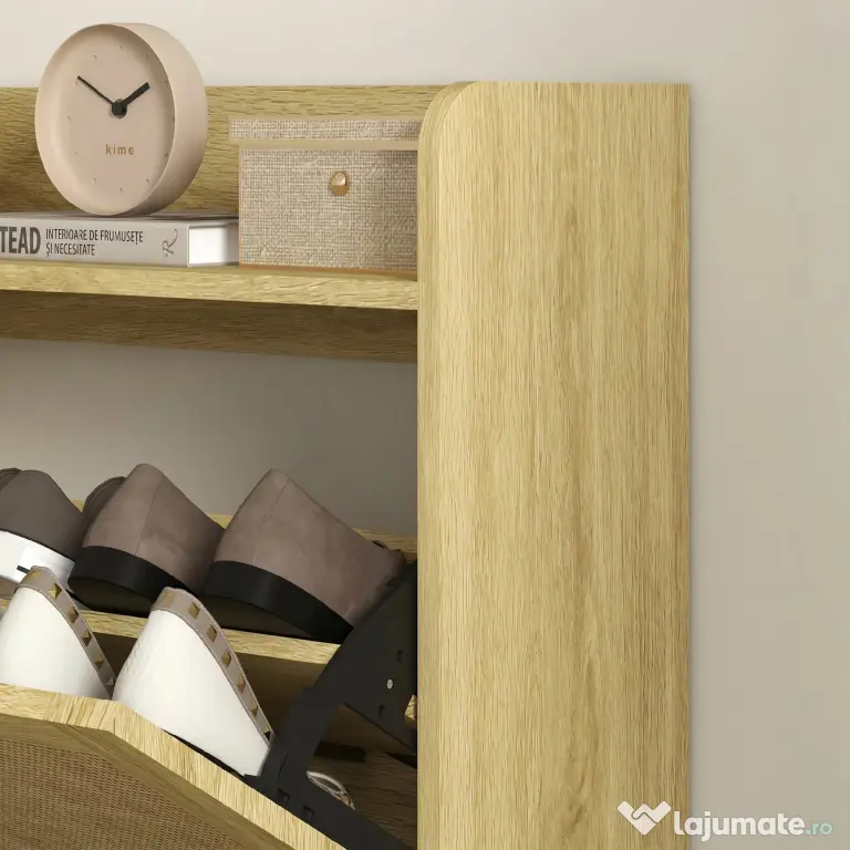 HOMCOM Dulap pentru Pantofi Slim pentru Hol, cu 2 Sertare Rabatabile, Rafturi Reglabile și Blat Superior, Stejar | Aosom Romania