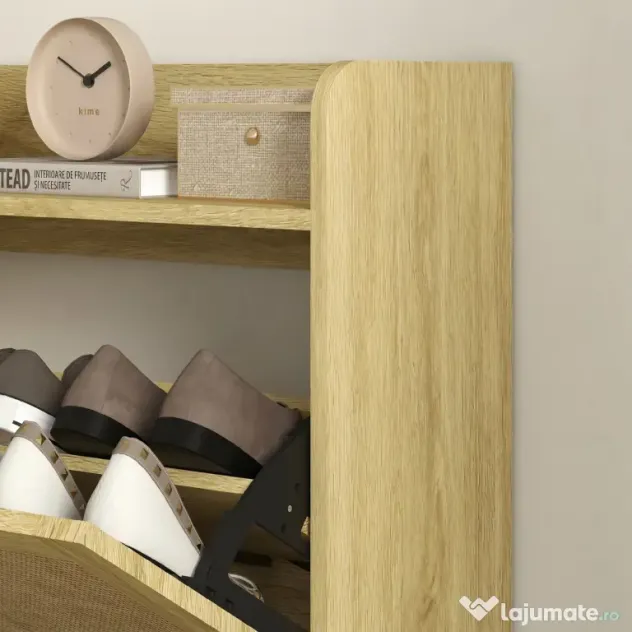 HOMCOM Dulap pentru Pantofi Slim pentru Hol, cu 2 Sertare Rabatabile, Rafturi Reglabile și Blat Superior, Stejar | Aosom Romania