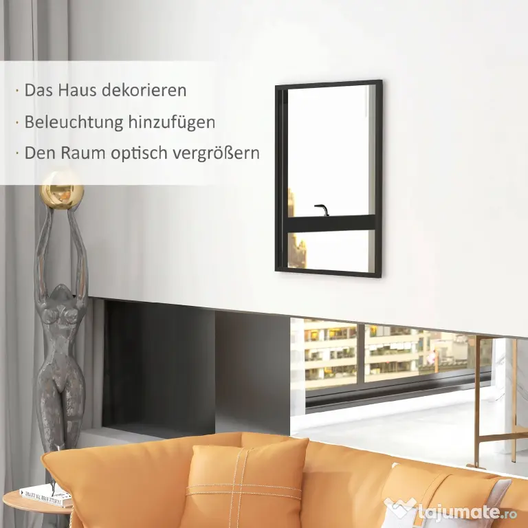 HOMCOM Oglindă de Perete Dreptunghiulară cu Agățători, din Sticlă și MDF, 60x80 cm, Neagră