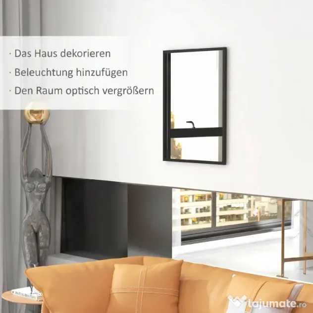 HOMCOM Oglindă de Perete Dreptunghiulară cu Agățători, din Sticlă și MDF, 60x80 cm, Neagră
