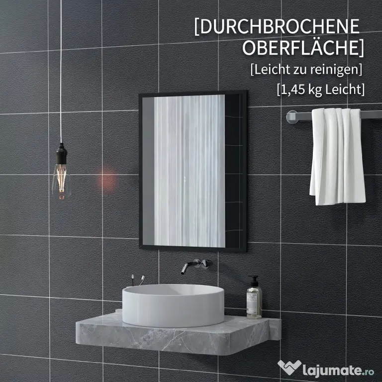 HOMCOM Oglindă de Perete Dreptunghiulară cu Agățători, din Sticlă și MDF, 60x80 cm, Neagră