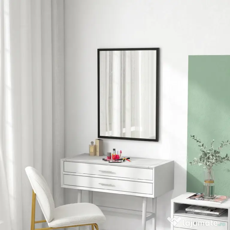 HOMCOM Oglindă de Perete Dreptunghiulară cu Agățători, din Sticlă și MDF, 60x80 cm, Neagră