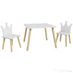 AIYAPLAY Set Masă și 2 Scaune pentru Copii 3-6 Ani, Masă Ondulată și Scaune în Formă de Coroană, 60x60x44 cm, Alb