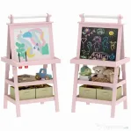 AIYAPLAY Șevalet pentru Copii 3 în 1 cu Tablă, Sul de Hârtie și 2 Containere, din Lemn, 59x48x118 cm, Roz