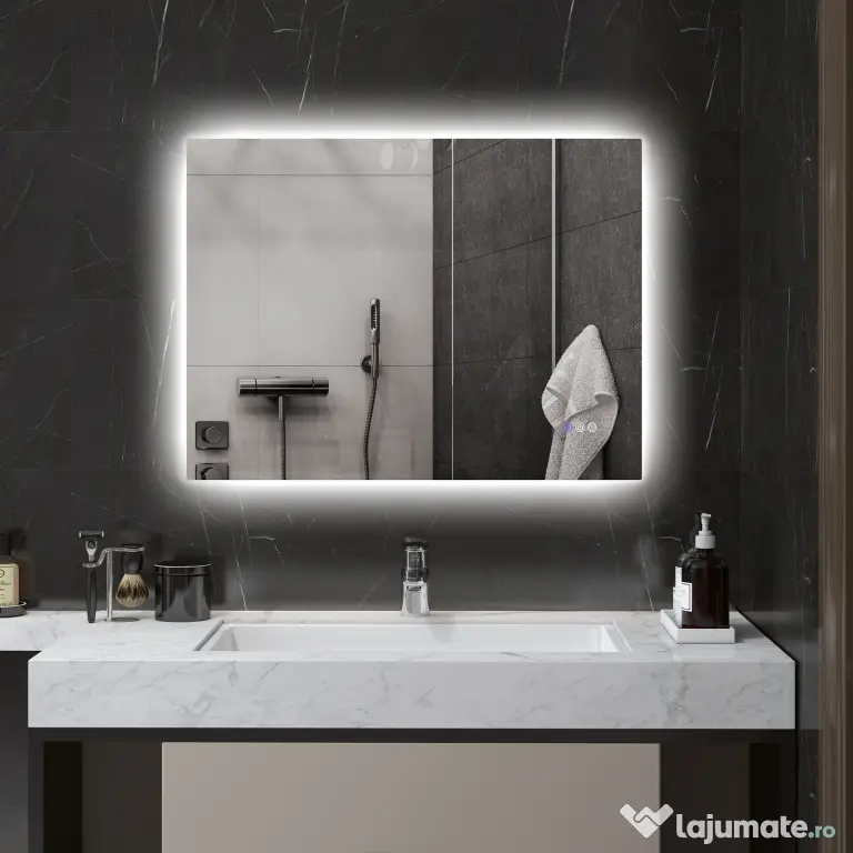 HOMCOM Oglindă de Baie LED cu Ramă, Anti-Abur, 3 Temperaturi de Culoare și Memorie, 80x60x4 cm, Transparent | Aosom Romania