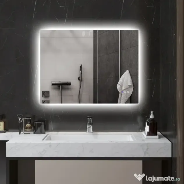 HOMCOM Oglindă de Baie LED cu Ramă, Anti-Abur, 3 Temperaturi de Culoare și Memorie, 80x60x4 cm, Transparent | Aosom Romania