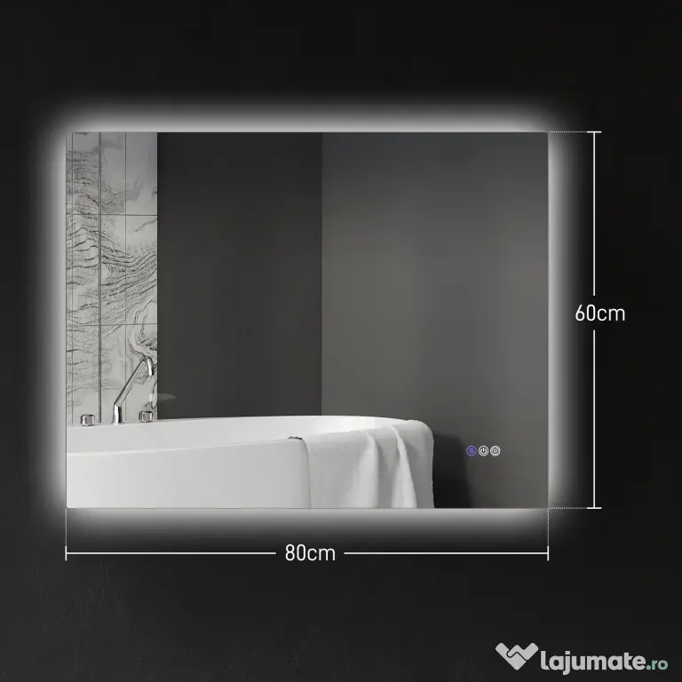 HOMCOM Oglindă de Baie LED cu Ramă, Anti-Abur, 3 Temperaturi de Culoare și Memorie, 80x60x4 cm, Transparent | Aosom Romania