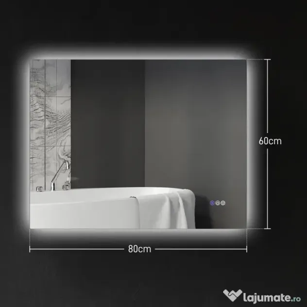 HOMCOM Oglindă de Baie LED cu Ramă, Anti-Abur, 3 Temperaturi de Culoare și Memorie, 80x60x4 cm, Transparent | Aosom Romania
