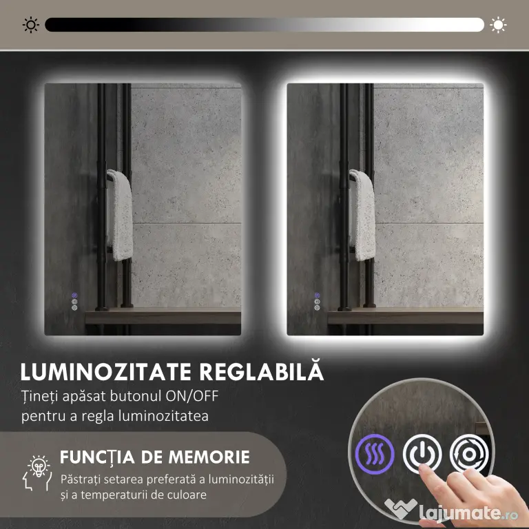 HOMCOM Oglindă de Baie LED cu Ramă, Anti-Abur, 3 Temperaturi de Culoare și Memorie, 80x60x4 cm, Transparent | Aosom Romania