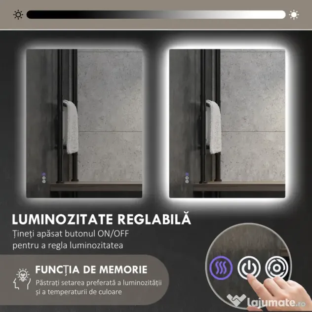 HOMCOM Oglindă de Baie LED cu Ramă, Anti-Abur, 3 Temperaturi de Culoare și Memorie, 80x60x4 cm, Transparent | Aosom Romania