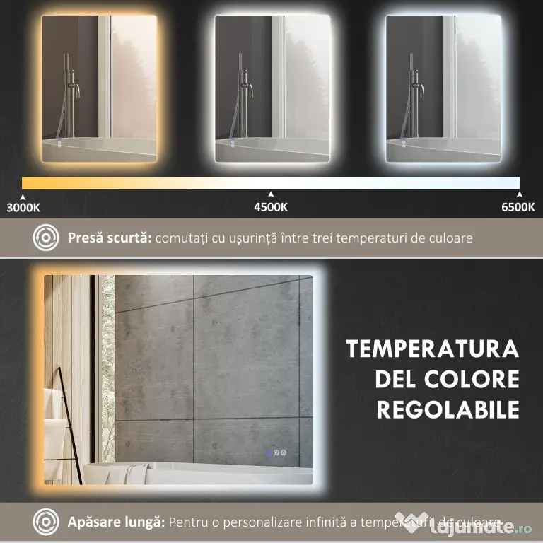 HOMCOM Oglindă de Baie LED cu Ramă, Anti-Abur, 3 Temperaturi de Culoare și Memorie, 80x60x4 cm, Transparent | Aosom Romania