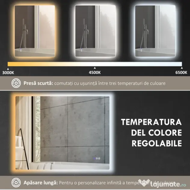 HOMCOM Oglindă de Baie LED cu Ramă, Anti-Abur, 3 Temperaturi de Culoare și Memorie, 80x60x4 cm, Transparent | Aosom Romania