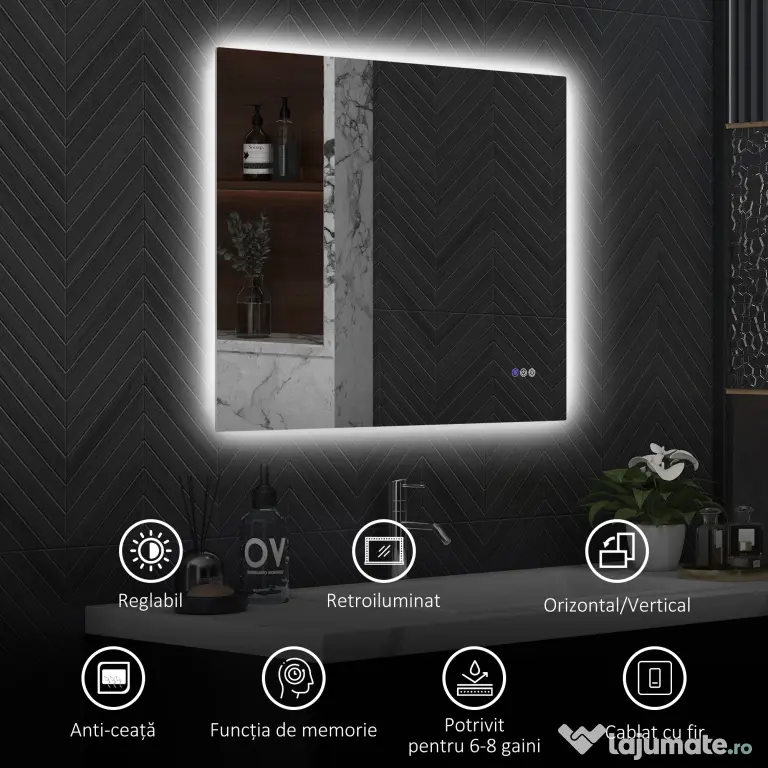 HOMCOM Oglindă de Baie LED cu Ramă, Anti-Abur, 3 Temperaturi de Culoare și Memorie, 80x60x4 cm, Transparent | Aosom Romania