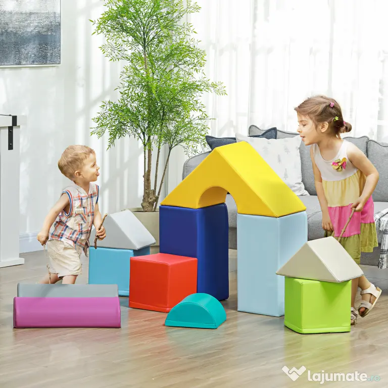 HOMCOM Set de Construcții Moi pentru Copii 1-3 Ani cu 11 Forme, 25x25x50 cm, Multicolor | Aosom Romania
