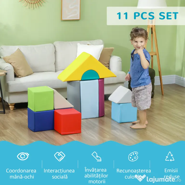 HOMCOM Set de Construcții Moi pentru Copii 1-3 Ani cu 11 Forme, 25x25x50 cm, Multicolor | Aosom Romania