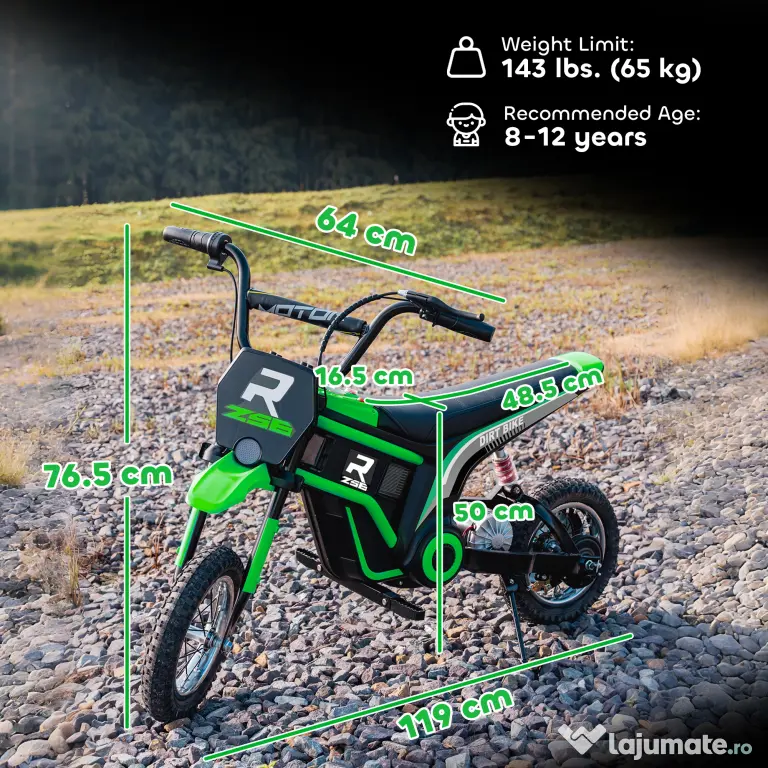 HOMCOM Motocicletă Electrică pentru Copii 8-12 Ani cu Accelerație Manuală și 2 Viteze, 119x64x76,5 cm, Verde | Aosom Romania