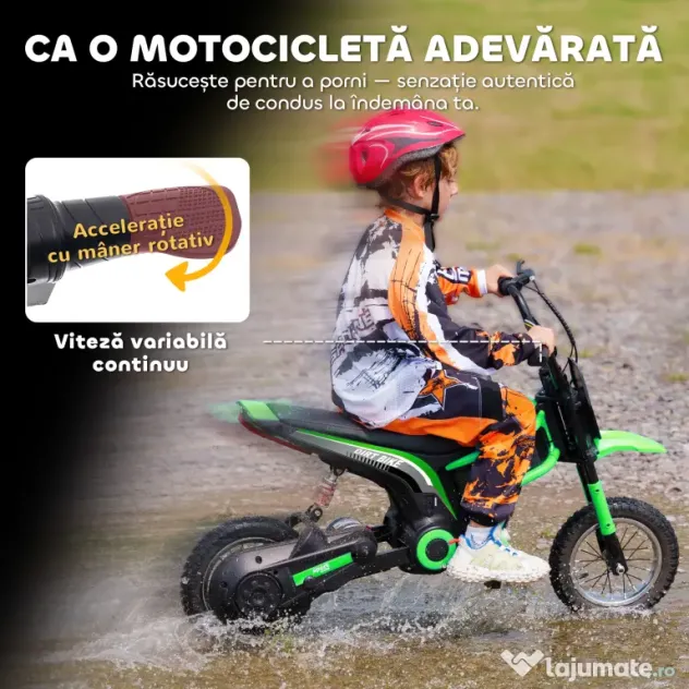 HOMCOM Motocicletă Electrică pentru Copii 8-12 Ani cu Accelerație Manuală și 2 Viteze, 119x64x76,5 cm, Verde | Aosom Romania