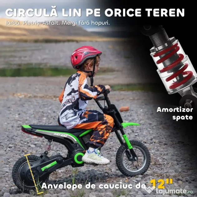 HOMCOM Motocicletă Electrică pentru Copii 8-12 Ani cu Accelerație Manuală și 2 Viteze, 119x64x76,5 cm, Verde | Aosom Romania