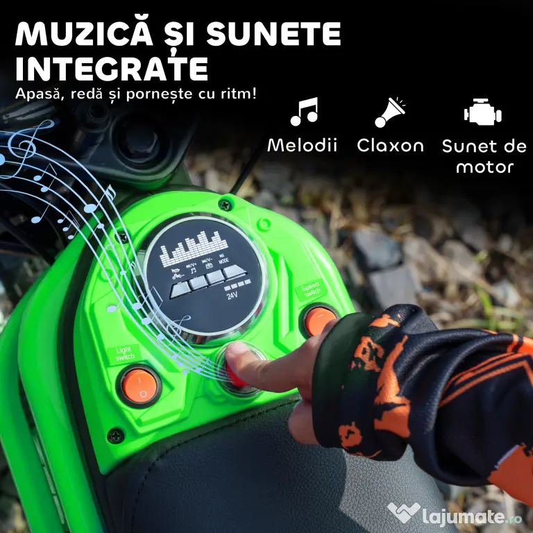 HOMCOM Motocicletă Electrică pentru Copii 8-12 Ani cu Accelerație Manuală și 2 Viteze, 119x64x76,5 cm, Verde | Aosom Romania