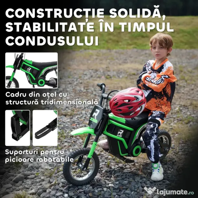 HOMCOM Motocicletă Electrică pentru Copii 8-12 Ani cu Accelerație Manuală și 2 Viteze, 119x64x76,5 cm, Verde | Aosom Romania