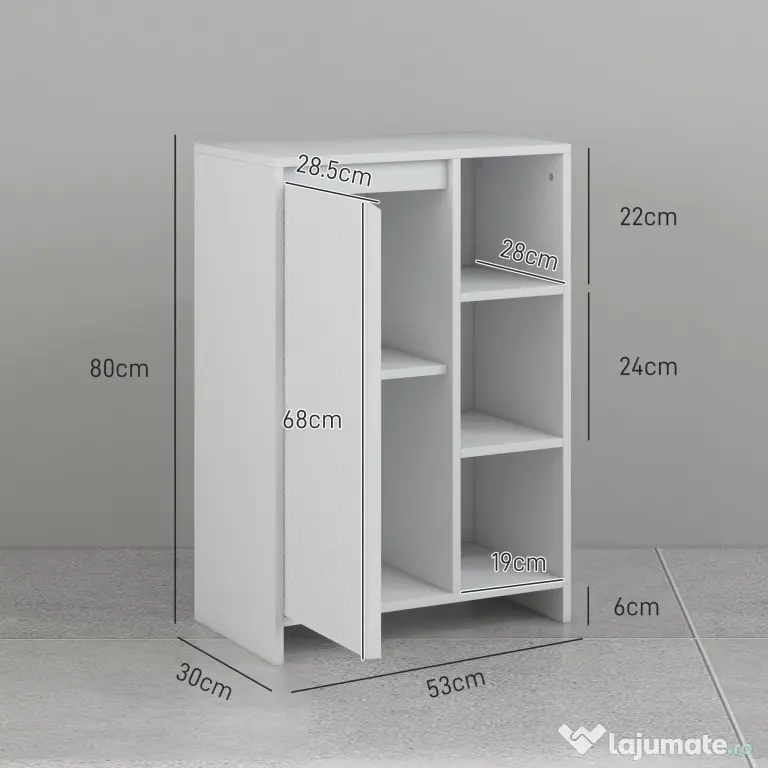 HOMCOM Dulăpior de Baie cu 3 Rafturi Deschise, un Dulăpior cu o Ușă și Raft Interior Reglabil, 53x30x80 cm, Alb | Aosom Romania