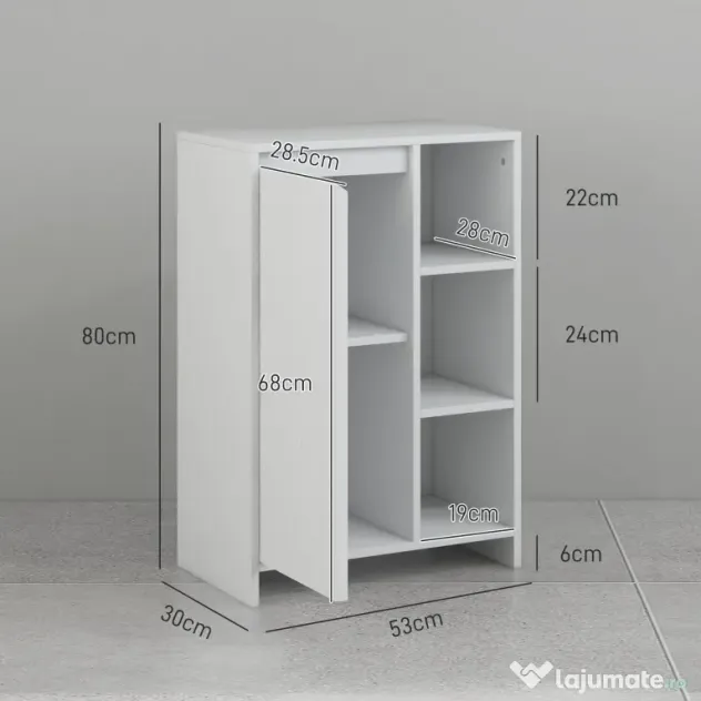 HOMCOM Dulăpior de Baie cu 3 Rafturi Deschise, un Dulăpior cu o Ușă și Raft Interior Reglabil, 53x30x80 cm, Alb | Aosom Romania