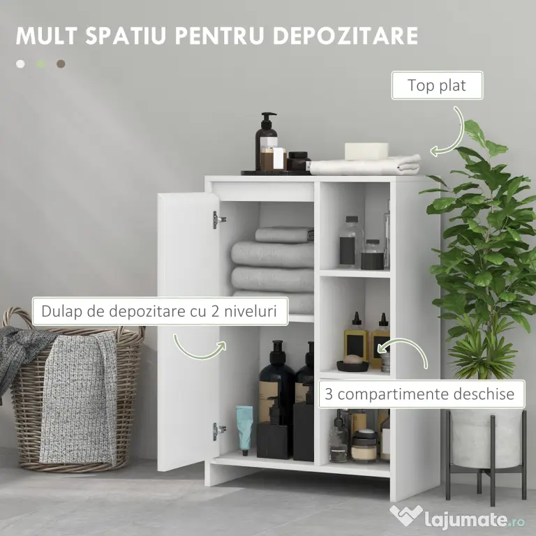 HOMCOM Dulăpior de Baie cu 3 Rafturi Deschise, un Dulăpior cu o Ușă și Raft Interior Reglabil, 53x30x80 cm, Alb | Aosom Romania
