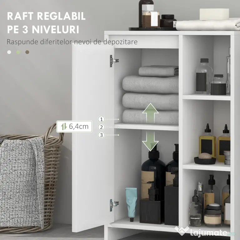 HOMCOM Dulăpior de Baie cu 3 Rafturi Deschise, un Dulăpior cu o Ușă și Raft Interior Reglabil, 53x30x80 cm, Alb | Aosom Romania