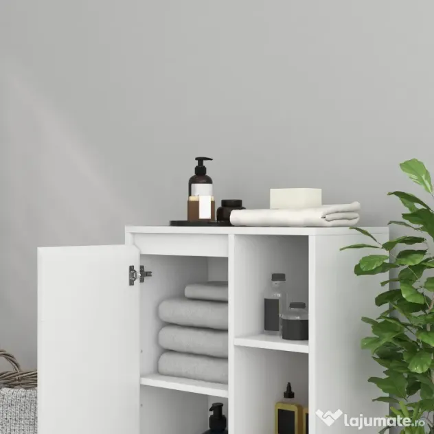 HOMCOM Dulăpior de Baie cu 3 Rafturi Deschise, un Dulăpior cu o Ușă și Raft Interior Reglabil, 53x30x80 cm, Alb | Aosom Romania