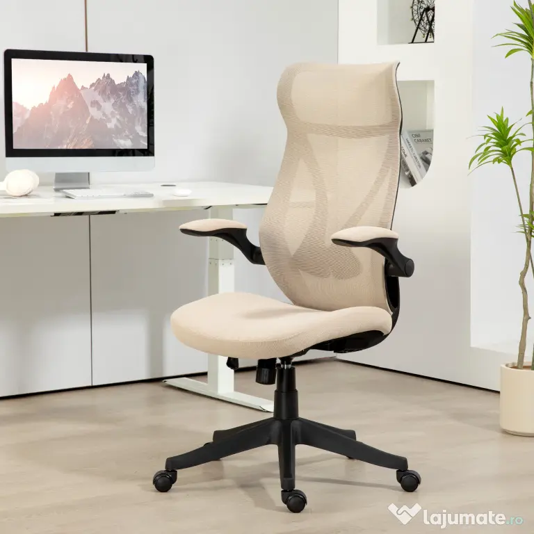 HOMCOM Scaun Ergonomic de Birou cu Brațe Rabatabile, Tetieră, Înălțime Reglabilă și Funcție de Leagăn, 66x66x121 cm, Bej | Aosom Romania