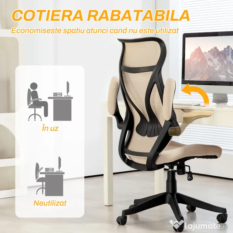 HOMCOM Scaun Ergonomic de Birou cu Brațe Rabatabile, Tetieră, Înălțime Reglabilă și Funcție de Leagăn, 66x66x121 cm, Bej | Aosom Romania
