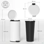 HOMCOM Coș de Gunoi cu Pedală 30L, cu Capac cu Închidere Lentă, din Metal și PP, 36x30x63.5 cm, Alb Crem 