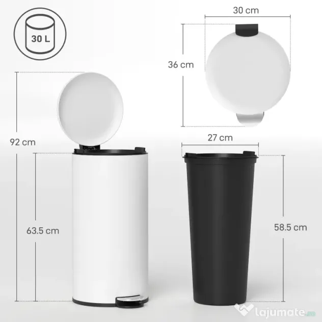 HOMCOM Coș de Gunoi cu Pedală 30L, cu Capac cu Închidere Lentă, din Metal și PP, 36x30x63.5 cm, Alb Crem