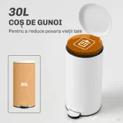 HOMCOM Coș de Gunoi cu Pedală 30L, cu Capac cu Închidere Lentă, din Metal și PP, 36x30x63.5 cm, Alb Crem 