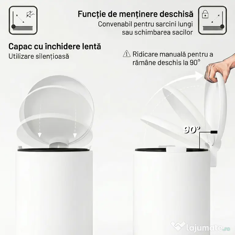 HOMCOM Coș de Gunoi cu Pedală 30L, cu Capac cu Închidere Lentă, din Metal și PP, 36x30x63.5 cm, Alb Crem
